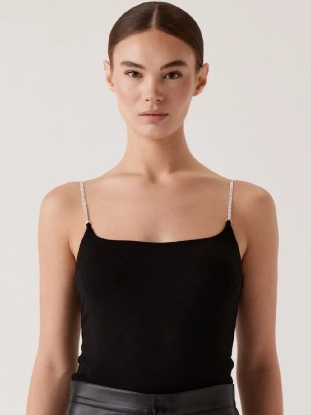 NWT Sophie Rue Black Rhinestone Strappy Cowl Neck Satin Cami Top Small
